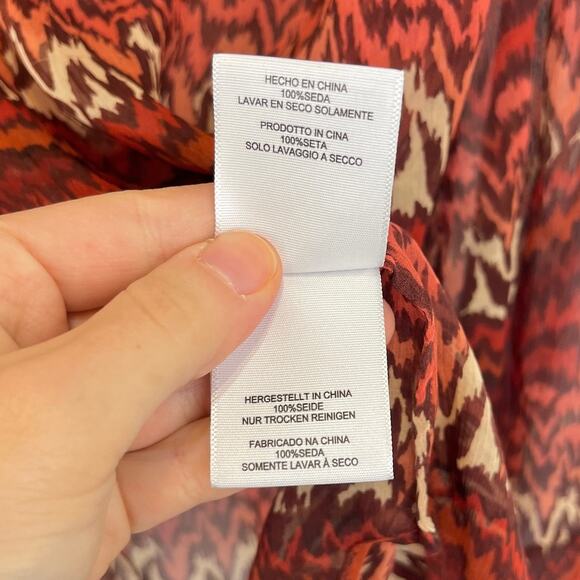 JOIE Bremene Sheer Silk Tunic Top Lace Up V Neck Printed Orange Red Brown Size L - Picture 9 of 9